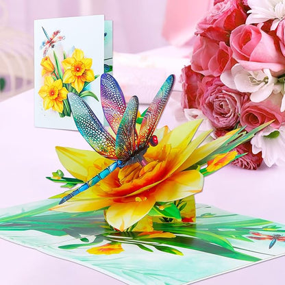 D4DREAM Dragonfly Gifts for Women - Daffodils Flower Dragonfly Pop Up Card 3D Birthday Card for Women Pop Up Mothers Day Cards with Envelope for Her Wife Mom Grandma