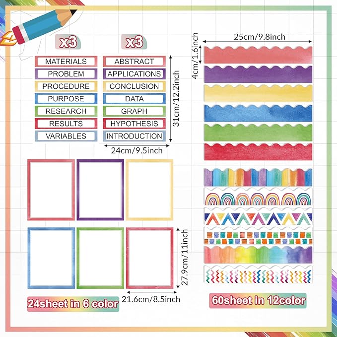 90 Pcs Science Fair Board Supplies 60 Trim Scalloped Bulletin Board Borders 24 Presentation Board Subtitles 6 Science Fair Titles for Classroom Display Boards (Watercolor)