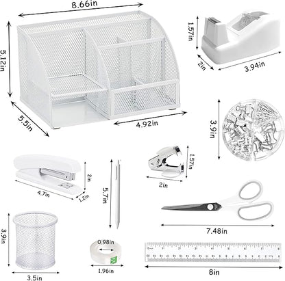 White Office Desk Accessories Supplies, 12pcs Desk Organizers and Accessories with Tape dispenser and Stapler,Staples,Staple Remover,Pen Holder,Scissor,Ruler,Sticky Tabs,Tape,Ballpoint Pen,Clips Set