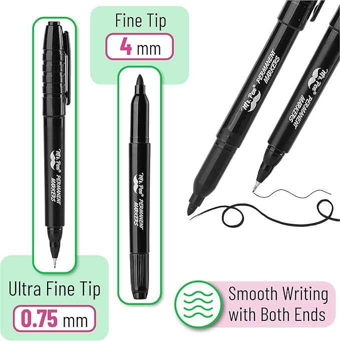 Mr. Pen - Dual Tip Permanent Markers, 12 Pack, Black, Fine & Ultra Fine Point