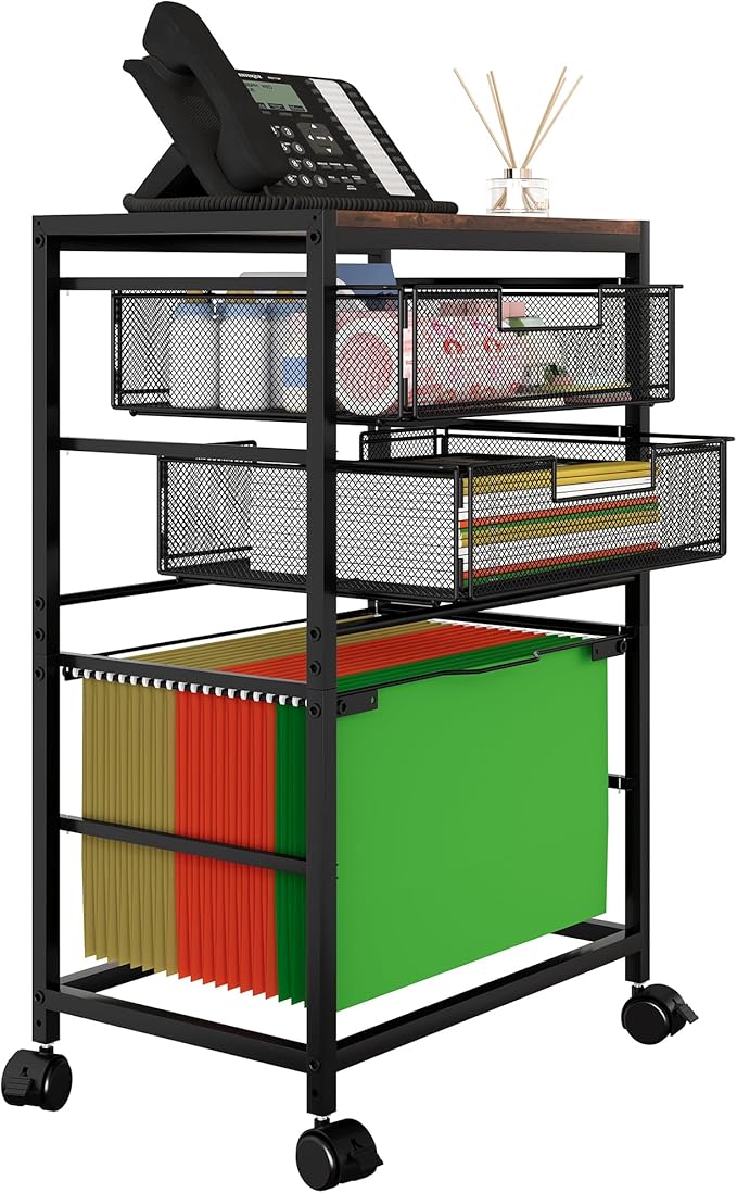 EasyPAG Rolling File Storage Drawer Cart with Wheels Letter & Legal Size Hanging File Folder Rack Mobile File Folder Rack with Pull-Out Drawer for Home Office 1 Folder Rack and 2 Small Drawers, Black