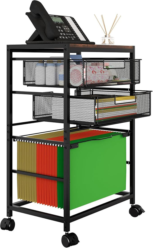 EasyPAG Rolling File Storage Drawer Cart with Wheels Letter & Legal Size Hanging File Folder Rack Mobile File Folder Rack with Pull-Out Drawer for Home Office 1 Folder Rack and 2 Small Drawers, Black