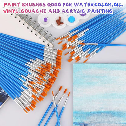 100 Pcs Paint Brushes Set for Acrylic Painting, 50 Pcs Flat and 50 Pcs Round Art Paint Brushes, Painting Brushes for Kids Adults Oil Watercolor Rock Painting Body Face Nail Art
