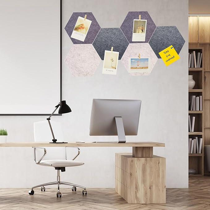 6Pcs Gray Hexagon Bulletin Board Strips,Grey Felt Pin Board Bar Strips with 50 Pushpins, Self-Adhesive Felt Cork Board Strips for Wall to Display Your Notes, Photos, Schedules, Announcements