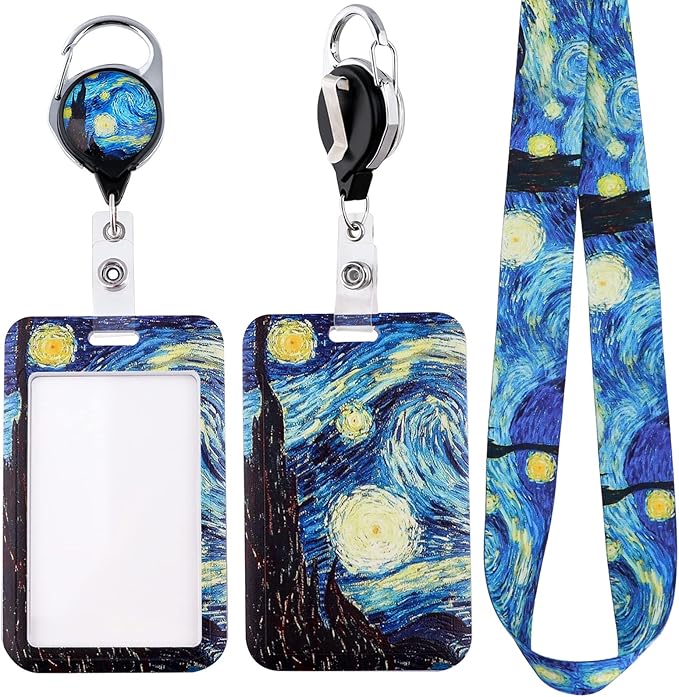Blue Art Starry Night Lanyard for Keys ID Badge Holder Lanyard & Retractable Badge Reel Clip Cool Van Gogh Key Lanyard for Women Men Girls for ID Badges Nurse Neck Lanyard ID Holder