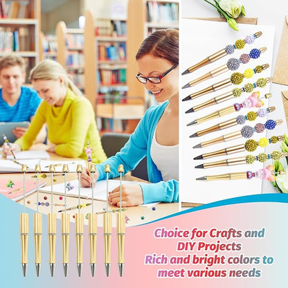 15 Pieces Beadable Pens - Beaded Pens Plastic Diy Black Ink Ballpoint Pens Bulk - Bead Pens Suitable For Teacher, Students, Office, School, Graduation Gift Supplies（Golden）