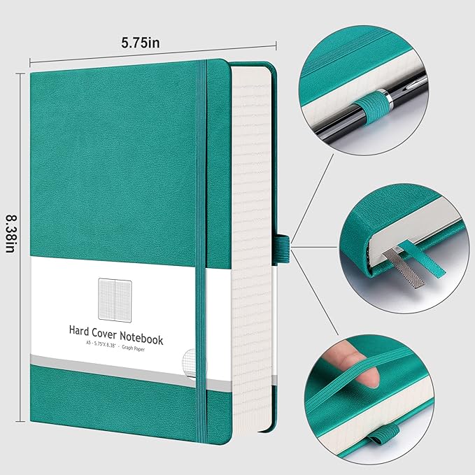 AHGXG Graph Paper Notebook - 320 Pages Grid Notebook Thick Journal A5, 100gsm Thick Graph Paper, Leather Hardcover, Inner Pocket,5.75'' × 8.38''- Cyan