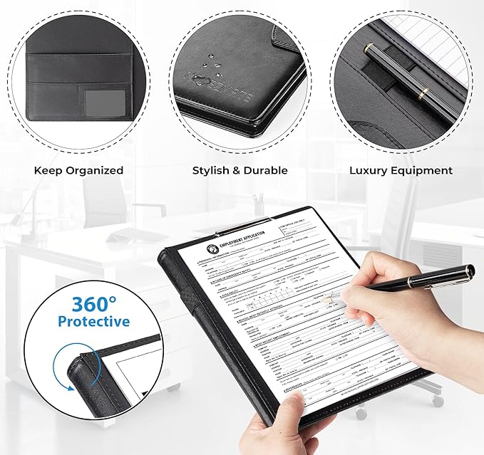 A4 Padfolio Clipboard Folder Portfolio,PU Leather Interview Resume Folder with Magnetic,Document Organizer,Business Card Holder,Letter-Sized Notepad Legal Pad Holder for Men Women School Office,Black