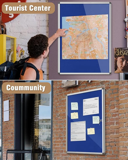 38"x28" Enclosed Bulletin Board, Lockable Weather-Resistant Aluminum Cork Noticeboard for School & Office, Silver Frame w/Blue Flet