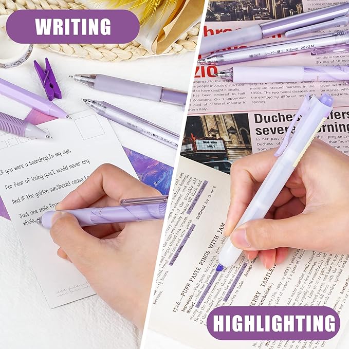 Four Candies 12Pack Pastel Gel Ink Pen Set, 11 Pack Black Ink Pens with 1Pack Highlighter for Writing, Retractable 0.5mm Fine Point Cute Note Taking Pens for School Office (Purple)