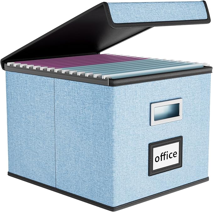 Huolewa Collapsible File Storage Organizer Box with Lid, Hanging File Folders Box Organizer with Plastic Slides, Decorative Home/Office Filing System Box for File and Folders Storage - Powderblue