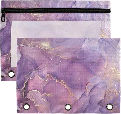 Kcldeci Pencil Pouch for 3 Ring Binder, Purple Golden Marble 2 Pack Binder Pencil Pouch with Clear Window Pencil Bags with Zipper Pencil Case for Binder