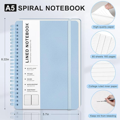 ABERLLS Blue Lined Spiral Journal Notebook with 160 Pages, 8×5.7in, A5 Spiral Notebook, Journaling Notebooks for Work, School, Women, Men, College Ruled Spiral Notebook, Hardcover Leather Journals