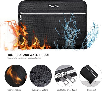 Fireproof Safe Accordion File Organizer Bag Folder,Waterproof Expanding Filing Folder with 14 Pockets, A4 Letter Size, Document Organizer Holder and Color Labels /2 Zipper (Black 14.3" x 9.8")