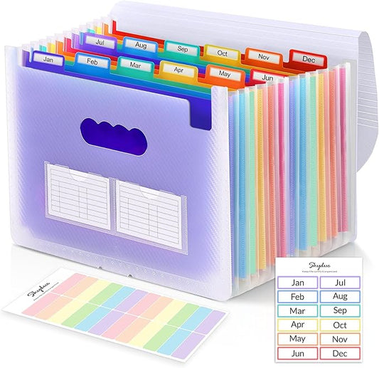 SKYDUE Accordion File Organizer, 12 Pockets File Folders, Letter Size Expanding File Folder with Colored Tabs and Expandable Cover (Transparent)
