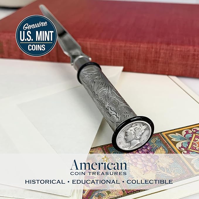 American Coin Treasures Coin Letter Opener Mercury Dime- Antiqued Silvertone Brass Handle-Genuine United States Coin