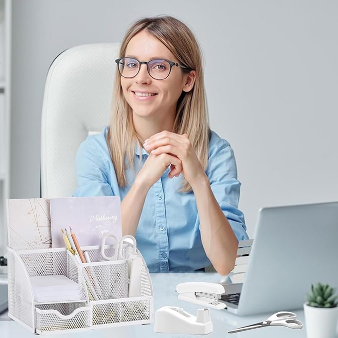 White Office Desk Accessories Supplies, 12pcs Desk Organizers and Accessories with Tape dispenser and Stapler,Staples,Staple Remover,Pen Holder,Scissor,Ruler,Sticky Tabs,Tape,Ballpoint Pen,Clips Set