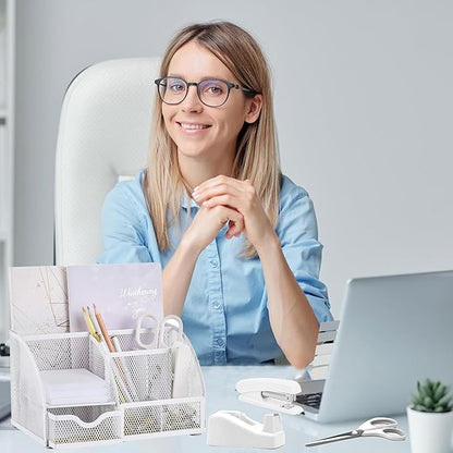 White Office Desk Accessories Supplies, 12pcs Desk Organizers and Accessories with Tape dispenser and Stapler,Staples,Staple Remover,Pen Holder,Scissor,Ruler,Sticky Tabs,Tape,Ballpoint Pen,Clips Set