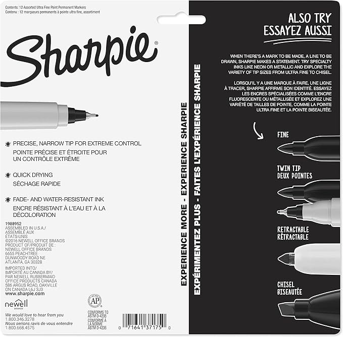 Sharpie Permanent Markers, Ultra Fine Tip Markers Set, Quick Drying And Fade Resistant Artist Marker For Wood, Plastic Paper, Metal, And More, Drawing, Coloring, And Poster Marker, Assorted Colors, 12 Count