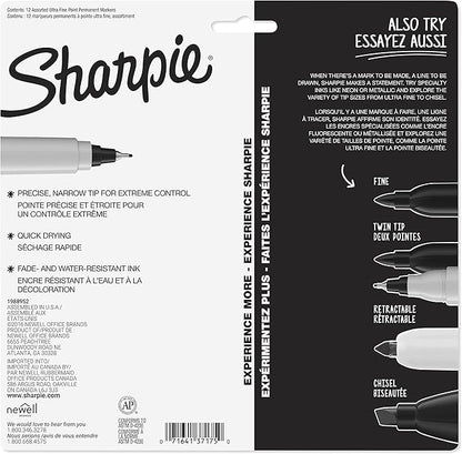 Sharpie Permanent Markers, Ultra Fine Tip Markers Set, Quick Drying And Fade Resistant Artist Marker For Wood, Plastic Paper, Metal, And More, Drawing, Coloring, And Poster Marker, Assorted Colors, 12 Count