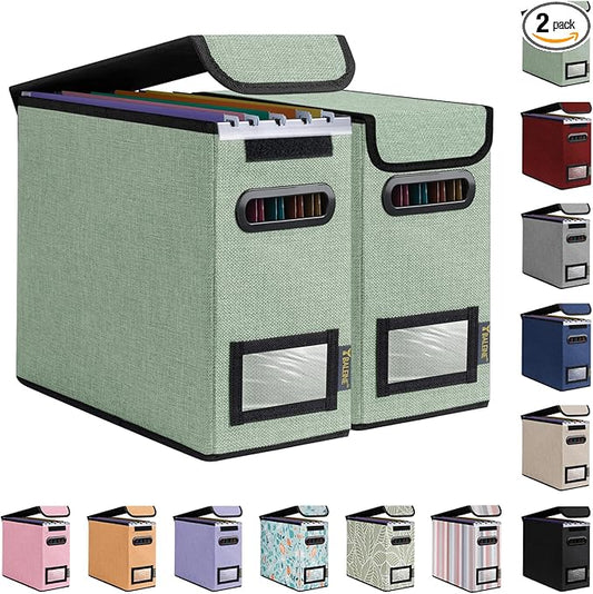 BALEINE File Organizer Box with Lid, Collapsible File Folder Organizer with Plastic Slide, Hanging File Folder Box for Office Document Storage (2 Pack, Green, S)