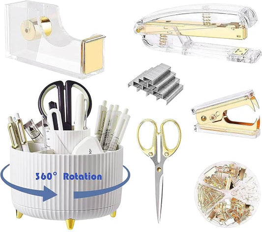 Desk Organizers and Accessories 7Pcs Set with 360-Degree Rotating Pen Holder, Acrylic Stapler, Tape Holder, Staple Remover, Binder/Paper Clips Kit, Scissor and 1 Box of Staples