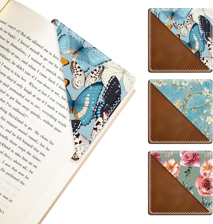 3 Pieces Leather Bookmarks, Personalized & Cute Book Accessories for Reading Lovers, Page Markers for Women Men Girls Boys Student Teacher Kids Retirement Birthday Gifts (Flowers, Butterfly)