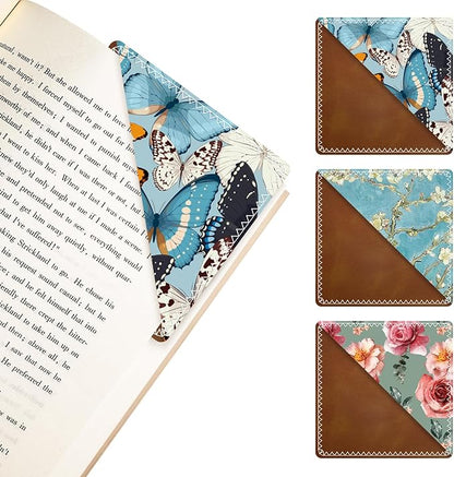 3 Pieces Leather Bookmarks, Personalized & Cute Book Accessories for Reading Lovers, Page Markers for Women Men Girls Boys Student Teacher Kids Retirement Birthday Gifts (Flowers, Butterfly)