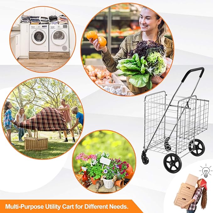 Wellmax Metal Grocery Shopping Cart with Wheels for Groceries, Folding Cart for Convenient Storage and Holds Up to 66lbs, Dual Swivel Wheels and Extra Basket, Silver