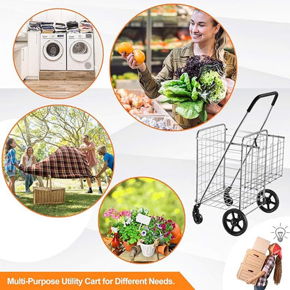 Wellmax Metal Grocery Shopping Cart with Wheels for Groceries, Folding Cart for Convenient Storage and Holds Up to 66lbs, Dual Swivel Wheels and Extra Basket, Silver