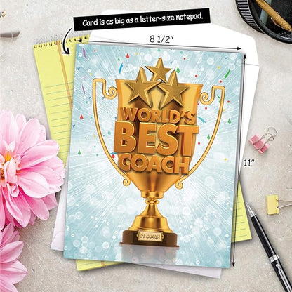 NobleWorks - 1 Jumbo School Teacher Thank You Notecard From US, Everyone with Envelope (8.5 x 11 Inch) - Team Sports Gratitude, Mentor, and Instructor Notecard - World's Best Coach J3117TYG-US