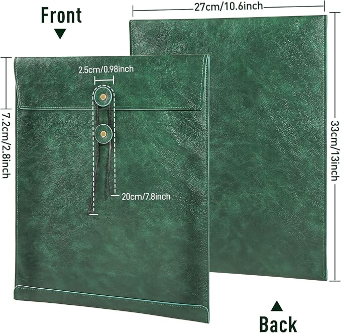 Green A4 PU Leather File Folders for Documents,Important Private File Organizer with String Tie Closure,Laptop Sleeve Notebook Case,Leather Portfolio Binder Envelopes, Filing Folder