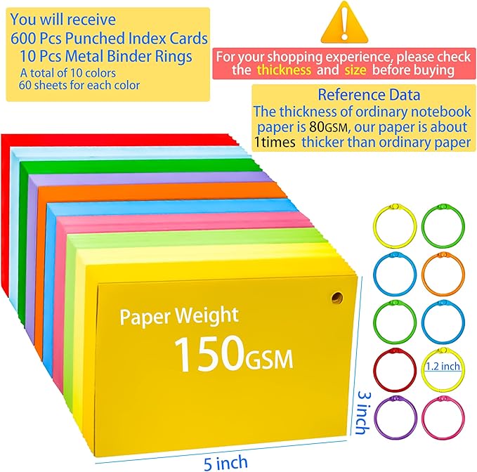 MotBach 600 Pieces Index Cards Flash Cards with Colorful Binder Rings,3" x 5", 10 Color Assorted Color Blank Punched Memo Note Cards Unlined Study Record To Do List for Home School Office Supplies