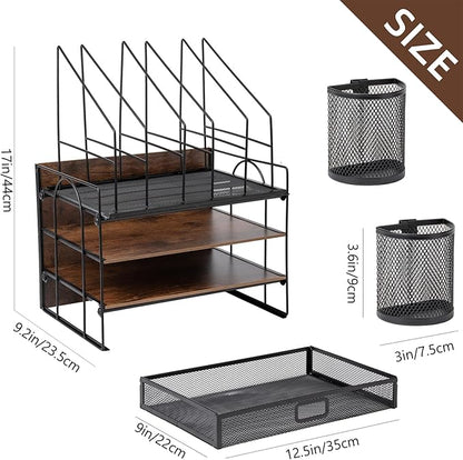 4 Tier Desk Organizers and Accessories, Paper Letter Tray Organizer,Vintage Wood Desk File Organizer with 5 Vertical File Holders and 2 Pen Holders for School Home Office Supplies