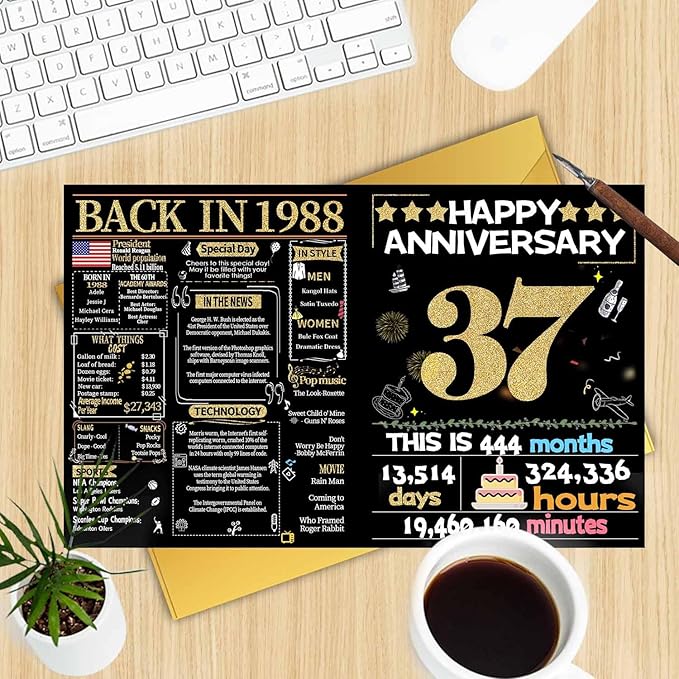 Joycard 37th Anniversary Card for Women Men, Gold Wedding Card for Wife Husband, Sweet Marriage Decorations Gifts for Couple, Perfect for Her Him on Anniversary Day, Back in 1988