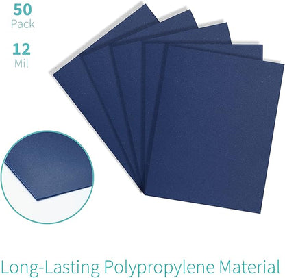 Binditek 50 Pack 12 Mil Sand-Textured Polycover, Midweight Binding Front and Back Covers, Lightly Textured Sand Finish, 8-1/2" x 11", Square Corners, Un-Punched, Navy, Office Supplies