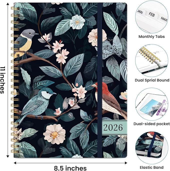 2026 Planner, Weekly and Monthly Planner for Women, January 2026 to December 2026, Pretty Hardcover 2026 Calendar Planner Book with Tabs, Inner Pocket, Spiral Bound, Perfect Office Home School Supplies - 8.5" x 11", Twilight Serenade