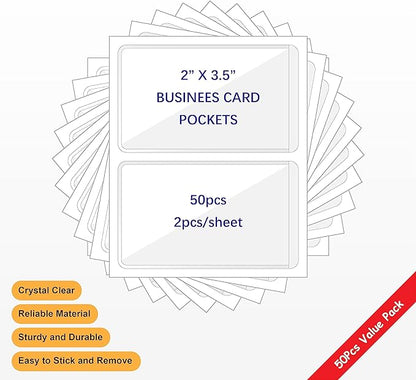Clear Adhesive Business Card Pocket swith Side Open for Loading, 50 Pack, Plastic Labels Holders for Storage Bins and Library Card, Ideal for Organizing and Protecting Your Business Cards
