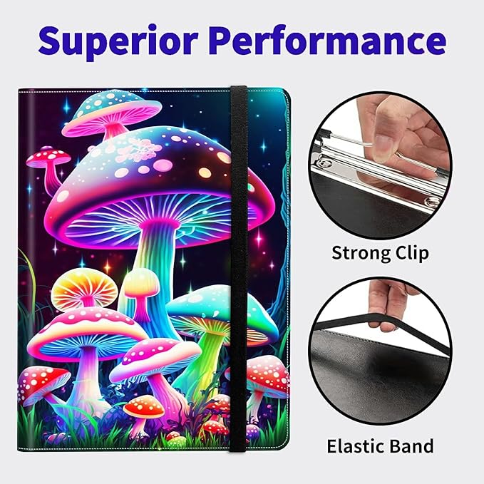 Gorgeous Mushrooms PU Leather Padfolio Clipboard Notepad with Pen Loop and Elastic Strap Interview/Resume Document Organizer for Business School Office