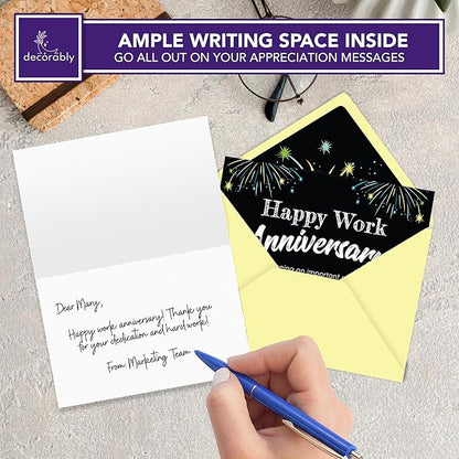 Decorably 24 Pack 6x4in Happy Work Anniversary Cards for Employees with Envelopes & Stickers, 8 Fireworks Designs Employee Anniversary Cards, Blank Inside