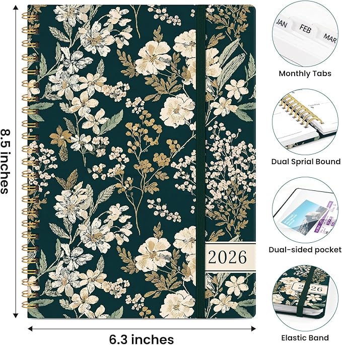 2026 Planner, Weekly and Monthly Planner for Women, January 2026 to December 2026, Pretty Hardcover 2026 Calendar Planner Book with Tabs, Inner Pocket, Spiral Bound, Perfect Office Home School Supplies - 6.3" x 8.5", Evergreen Elegance
