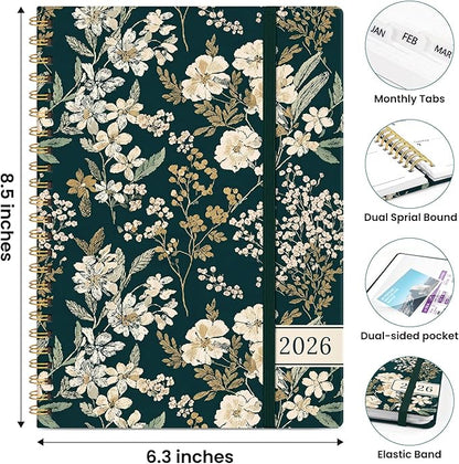 2026 Planner, Weekly and Monthly Planner for Women, January 2026 to December 2026, Pretty Hardcover 2026 Calendar Planner Book with Tabs, Inner Pocket, Spiral Bound, Perfect Office Home School Supplies - 6.3" x 8.5", Evergreen Elegance
