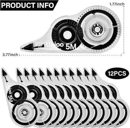 White Correction Tape, Easy To Use Applicator for Instant Corrections Wrong Writing At Any Time, For school, Office (12pack, 5M/196" x 0.2", Black)