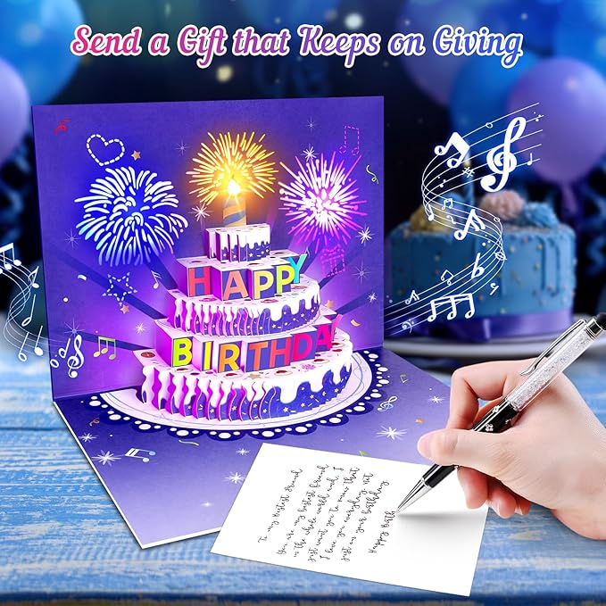 Birthday Cards Fireworks Pop Up Cake Light and Music Happy Birthday Card Gift for Women, Men, Mom, Grandma