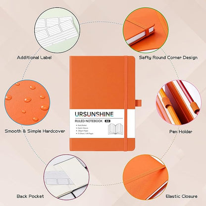 Ruled Notebook/Journal - Classic Lined Journal/Notebook, Hardcover with Thick Paper, 5.7" x 8.4", Banded + Pen Holder +Inner Pocket - Orange