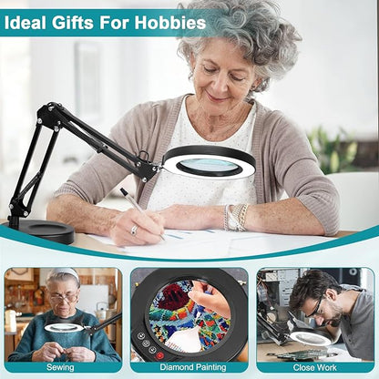 10X Magnifying Glass with Light and Stand, 2-in-1 Desk Lamp & Clamp Light, Seylae 5 Color Modes, Brightness Stepless Dimmable LED Lighted Magnifier Hands Free, Magnifier Lamp with Light for Close Work