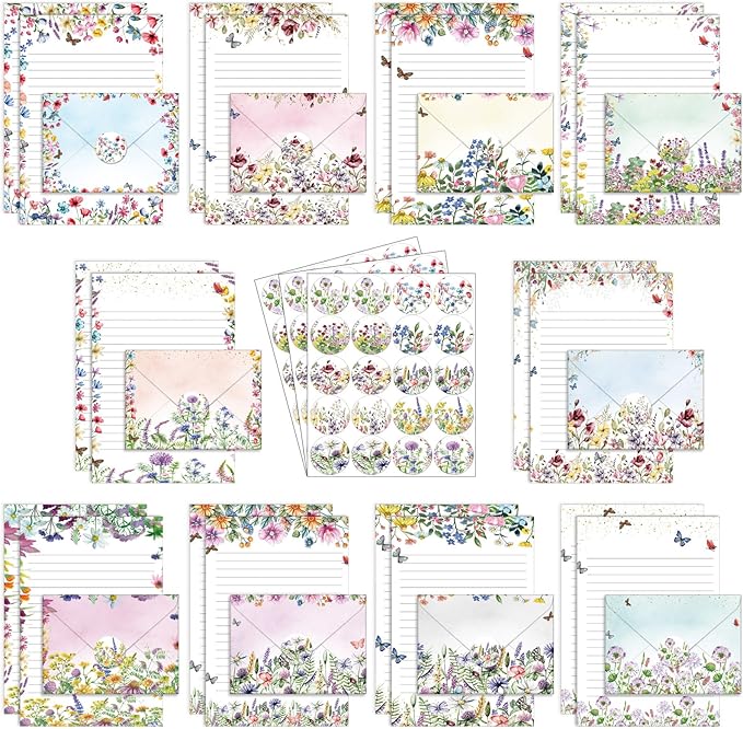 TaoBary 160 Packs Stationery Paper Set (50 Double Sided Stationery Writing Papers 50 Matching Envelopes) 60 Round Dot Sticker, 10 Design(Wildflower,8.5 x 11 Inch)