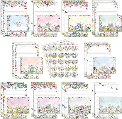 TaoBary 160 Packs Stationery Paper Set (50 Double Sided Stationery Writing Papers 50 Matching Envelopes) 60 Round Dot Sticker, 10 Design(Wildflower,8.5 x 11 Inch)