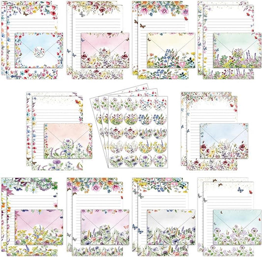 TaoBary 160 Packs Stationery Paper Set (50 Double Sided Stationery Writing Papers 50 Matching Envelopes) 60 Round Dot Sticker, 10 Design(Wildflower,8.5 x 11 Inch)