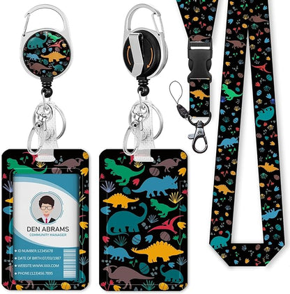 Lanyards for Id Badges, Cute Badge Holder with Retractable Badge Reel Clip, Dinosaur Work Card Name Tag Keychain Lanyard Vertical ID Card Protector for Women Nurse Doctor Teacher Student